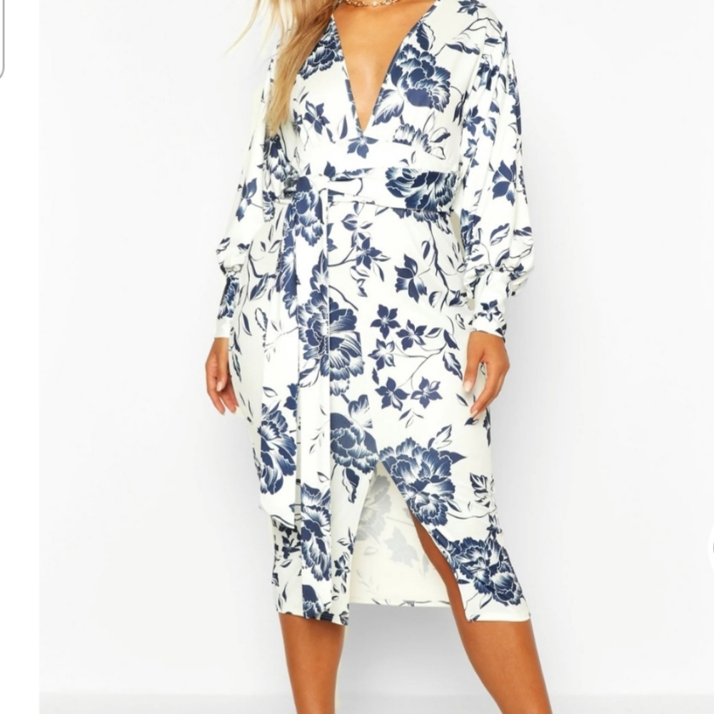 Floral Print Plunge Tie Waist Midi Dress